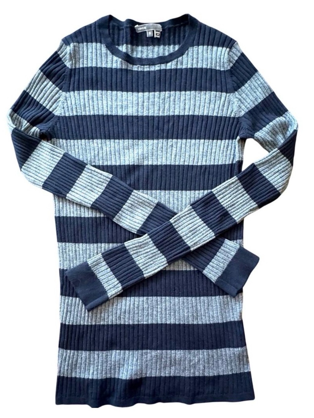 Vince Navy & Gray Striped 5% Cashmere Blend Ribbed Longline Sweater Size M